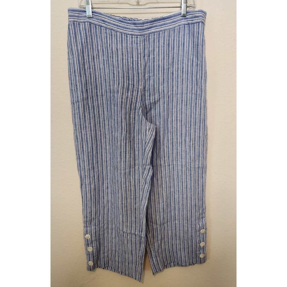 Chicos Linen Crop Straight Pants 2 12 NWT Blue Button Cuff Pockets Coastal Beach